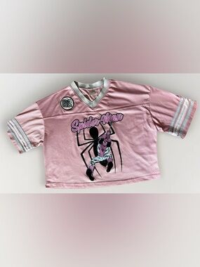 Marvel Spider-Man Pink Mesh Jersey Graphic Print Top Sz L Casual Fashion #F